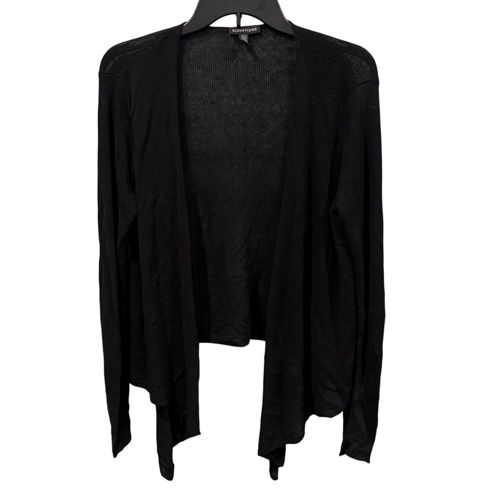Eileen Fisher Black Organic Linen Crepe Cardigan Open Front Duster S Capsule